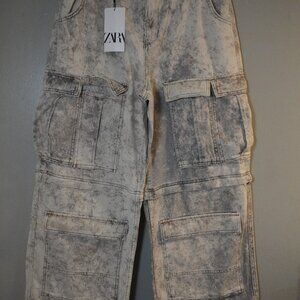 Zara Convertible Cargo Pants (Zip-Off Shorts) – Grey Acid Wash – New With Tags